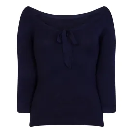 3/4 Sleeve Midnight Blue Stretch Bardot Bow Top Jumper