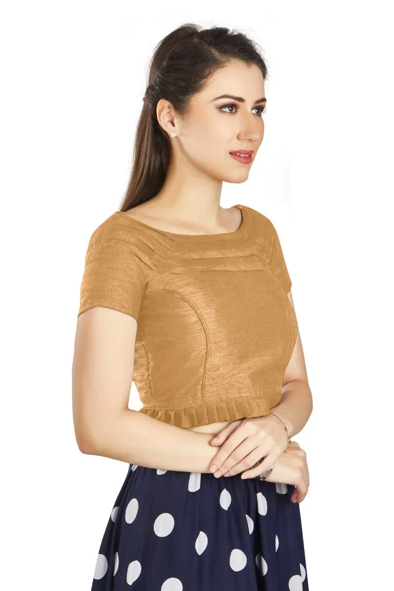 Aastha Fashion Beige Art Silk Pleated Boat Neck Princes Readymade Blouse