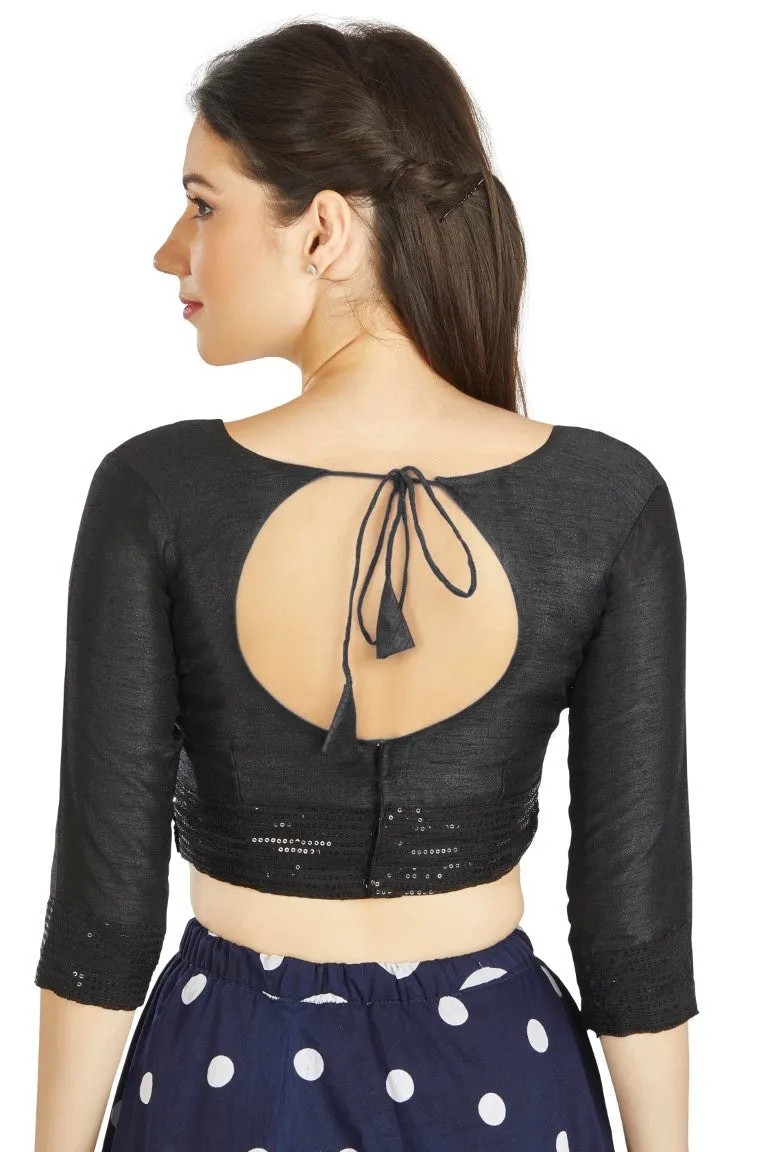 Aastha Fashion Black Art Silk Round Neck Sequence Border in Sleeves Or Waist Readymade Blouse