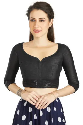 Aastha Fashion Black Art Silk Round Neck Sequence Border in Sleeves Or Waist Readymade Blouse