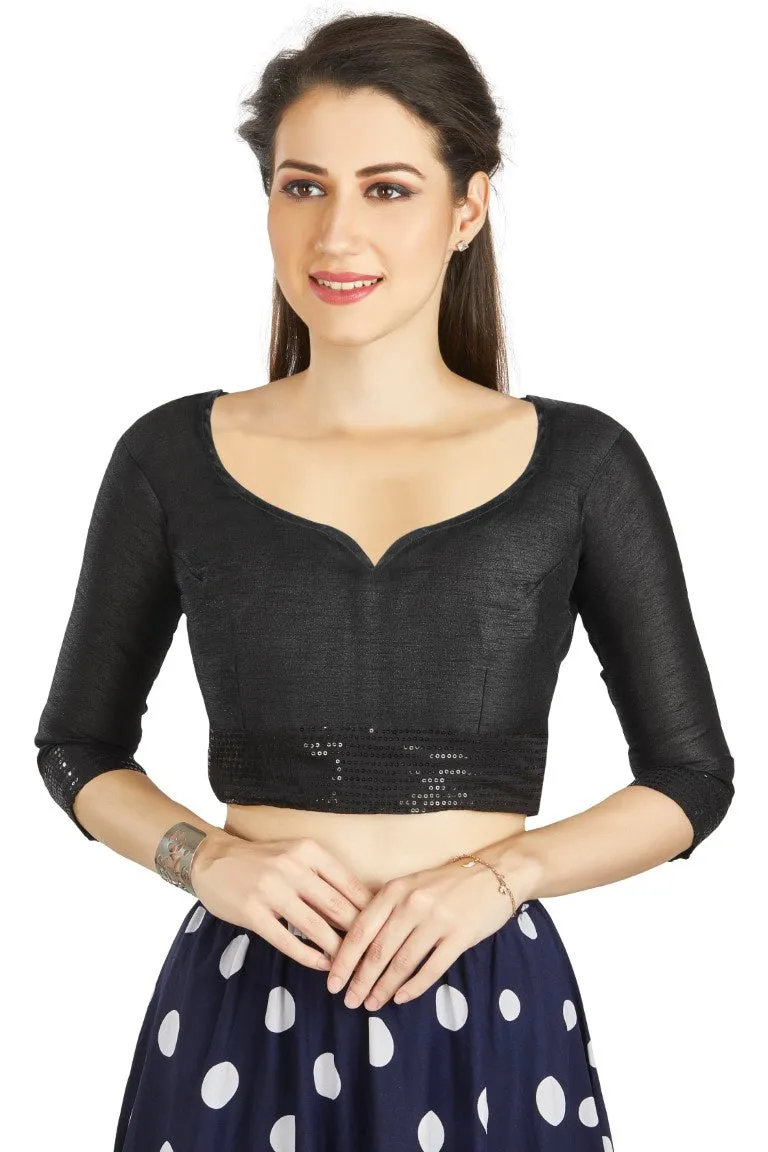 Aastha Fashion Black Art Silk Round Neck Sequence Border in Sleeves Or Waist Readymade Blouse