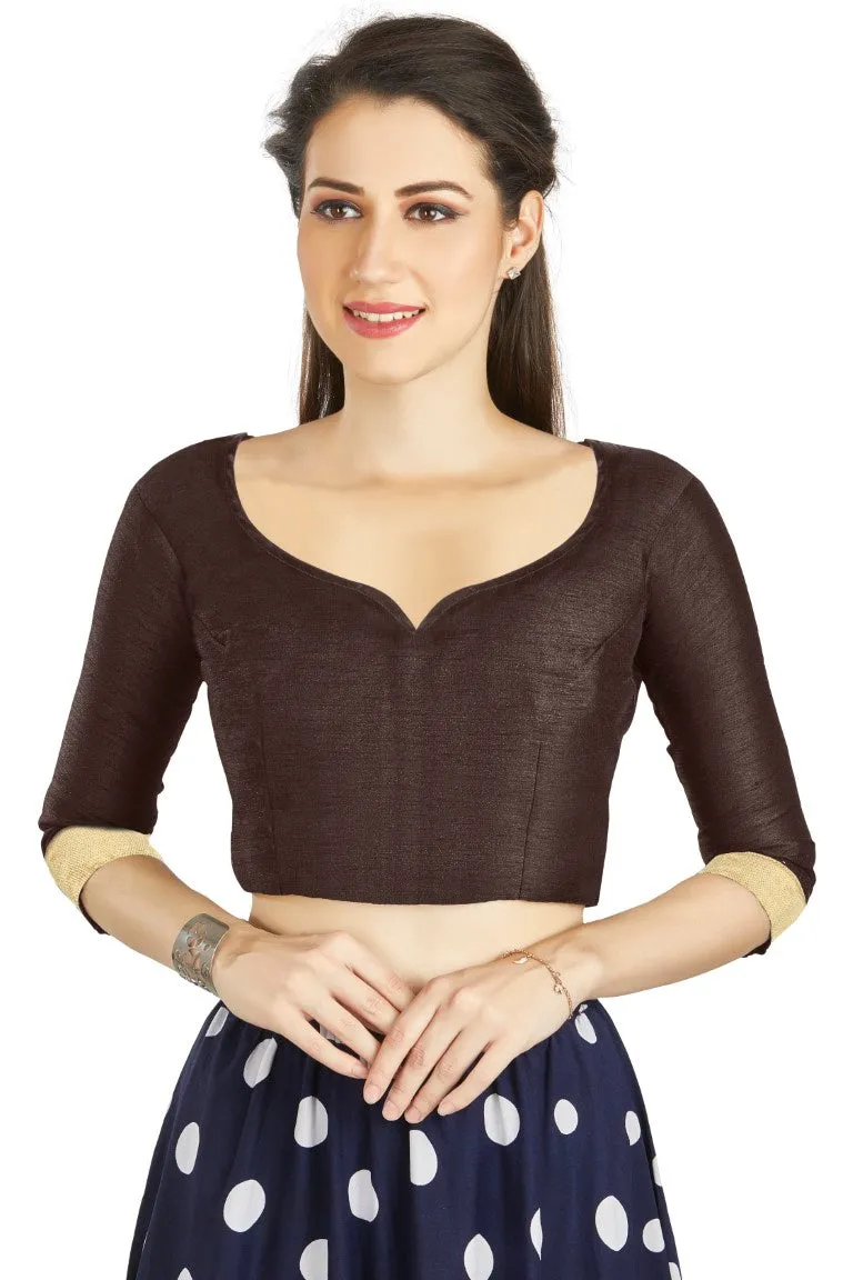 Aastha Fashion Brown Art Silk Sweet Heart Neck style Matty in Sleeves Readymade Blouse