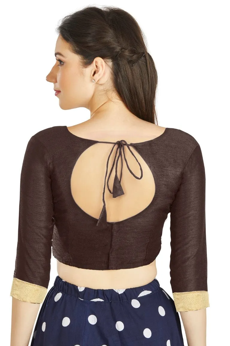 Aastha Fashion Brown Art Silk Sweet Heart Neck style Matty in Sleeves Readymade Blouse