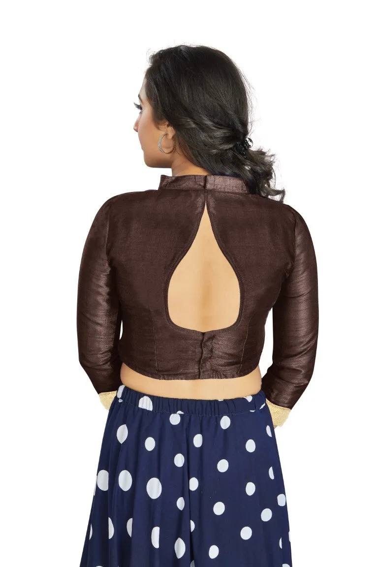 Aastha Fashion Brown Art Silk V Neck Chinese Collar Matty In Sleeve Readymade Blouse