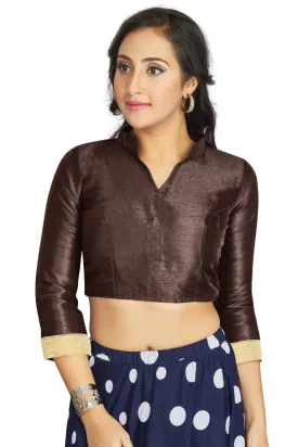 Aastha Fashion Brown Art Silk V Neck Chinese Collar Matty In Sleeve Readymade Blouse