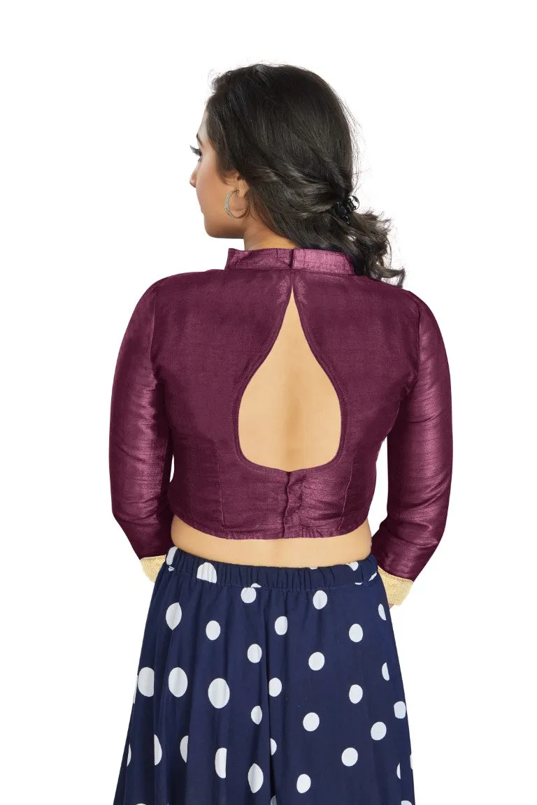 Aastha Fashion Dark Purple Art Silk V Neck Chinese Collar Matty In Sleeve Readymade Blouse