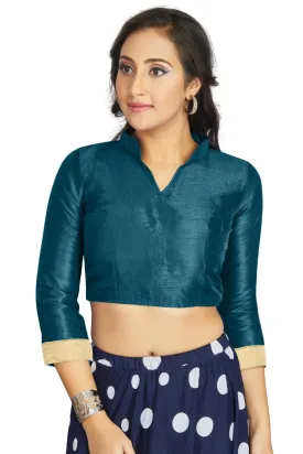 Aastha Fashion Dark Sky Art Silk V Neck Chinese Collar Matty In Sleeve Readymade Blouse