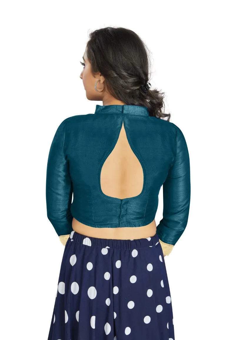 Aastha Fashion Dark Sky Art Silk V Neck Chinese Collar Matty In Sleeve Readymade Blouse