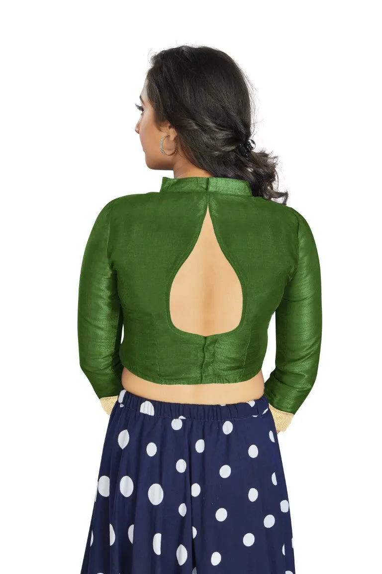 Aastha Fashion Mahendi Art Silk V Neck Chinese Collar Matty In Sleeve Readymade Blouse