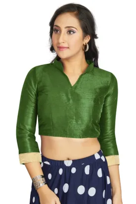 Aastha Fashion Mahendi Art Silk V Neck Chinese Collar Matty In Sleeve Readymade Blouse