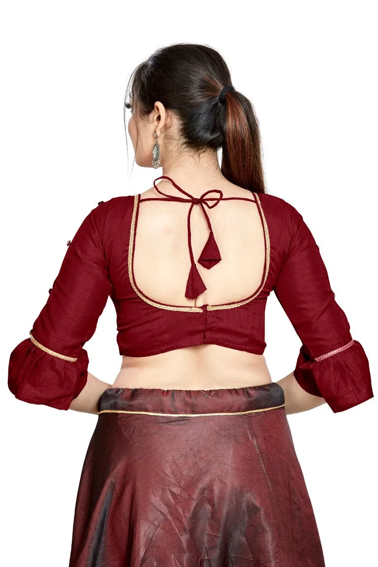 Aastha Fashion Maroon Art Silk Round Neck Sleeve Button Design Readymade Blouse
