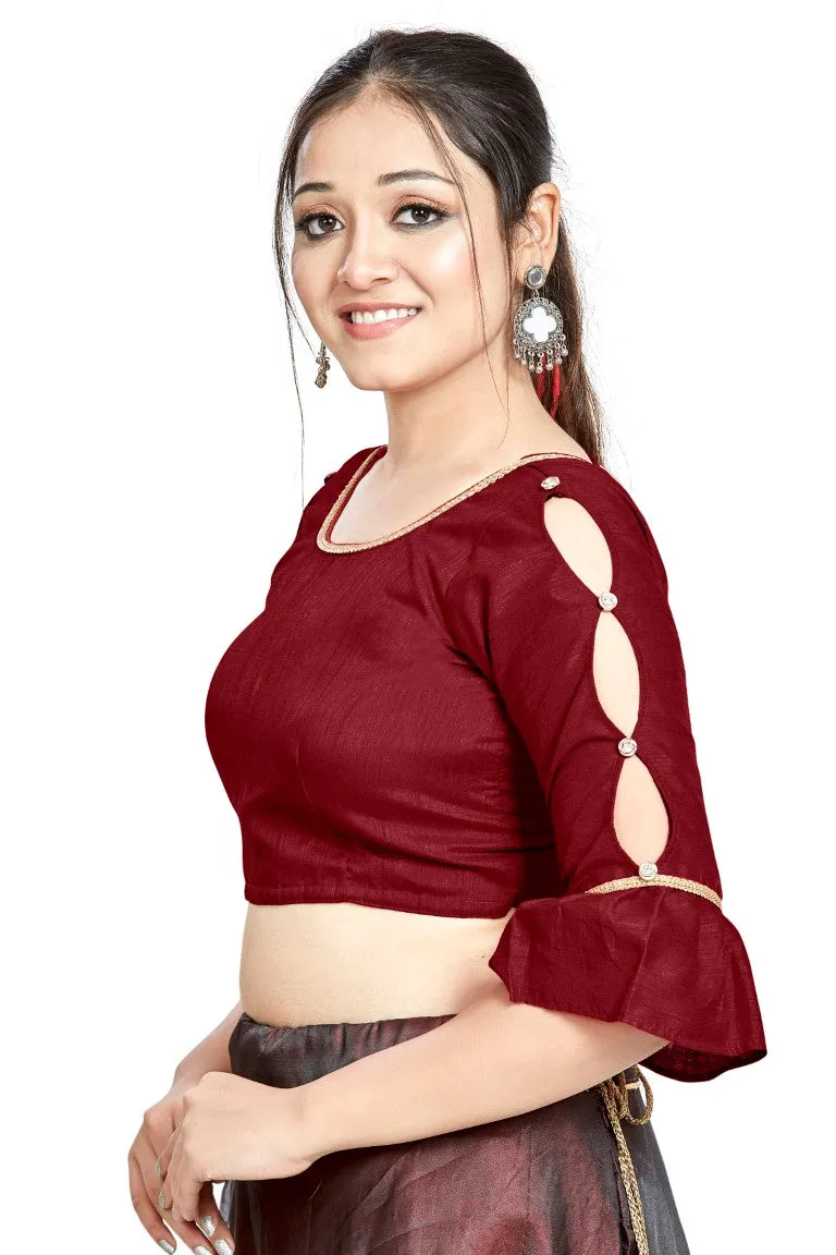 Aastha Fashion Maroon Art Silk Round Neck Sleeve Button Design Readymade Blouse