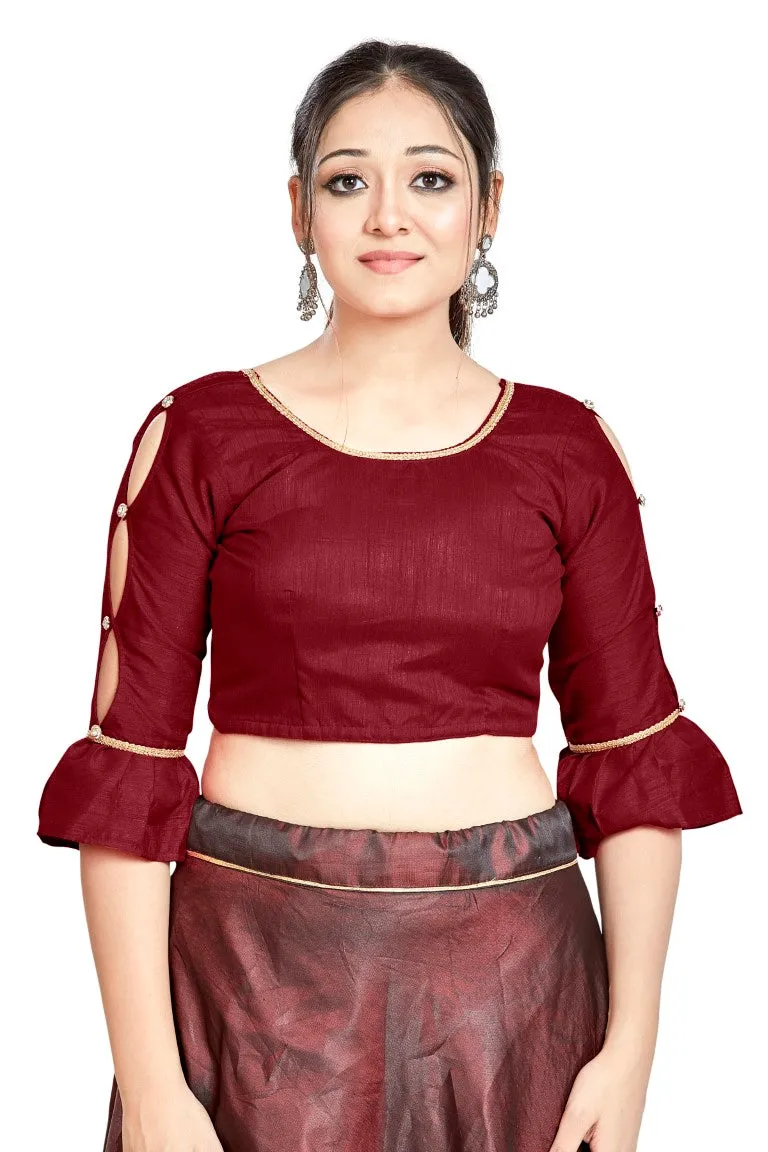 Aastha Fashion Maroon Art Silk Round Neck Sleeve Button Design Readymade Blouse