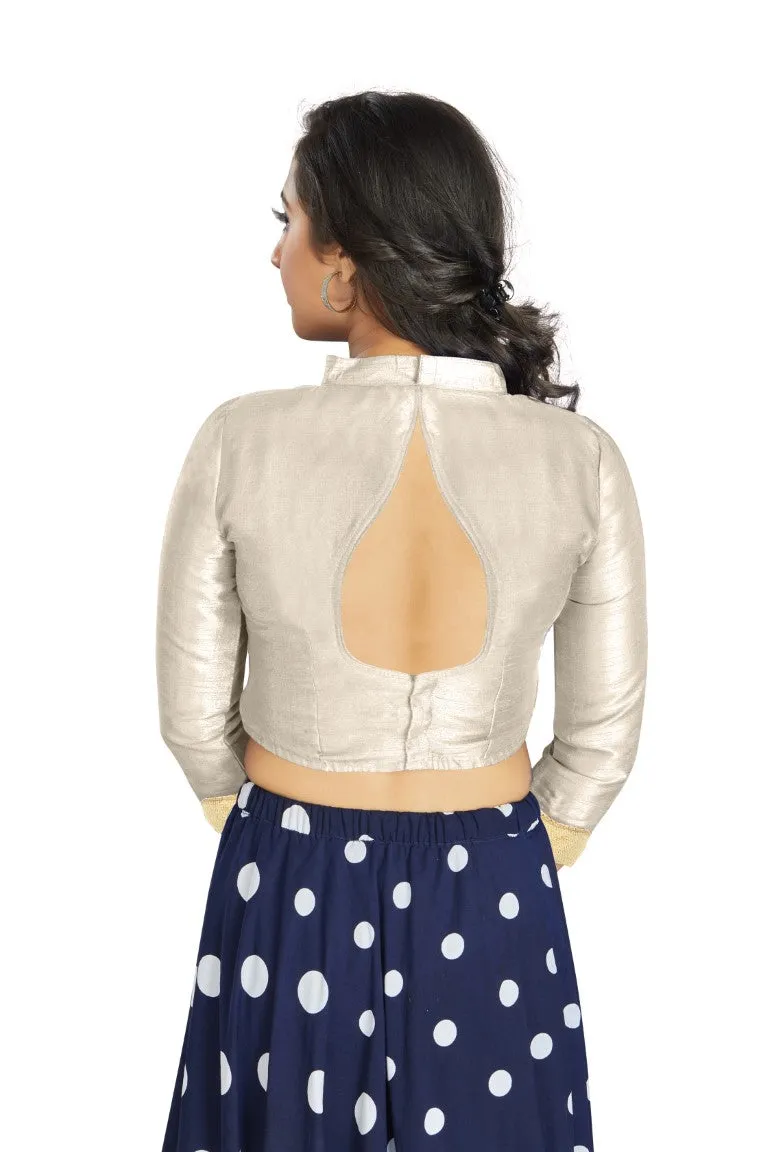 Aastha Fashion Off White Art Silk V Neck Chinese Collar Matty In Sleeve Readymade Blouse