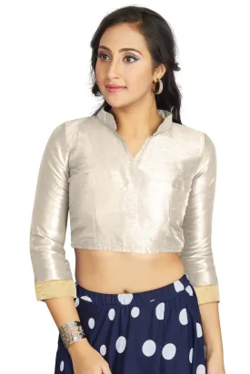 Aastha Fashion Off White Art Silk V Neck Chinese Collar Matty In Sleeve Readymade Blouse