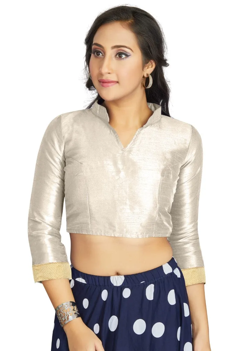 Aastha Fashion Off White Art Silk V Neck Chinese Collar Matty In Sleeve Readymade Blouse