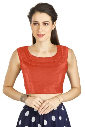 Aastha Fashion Orange Art Silk Pleated Boat Neck Plain Readymade Blouse