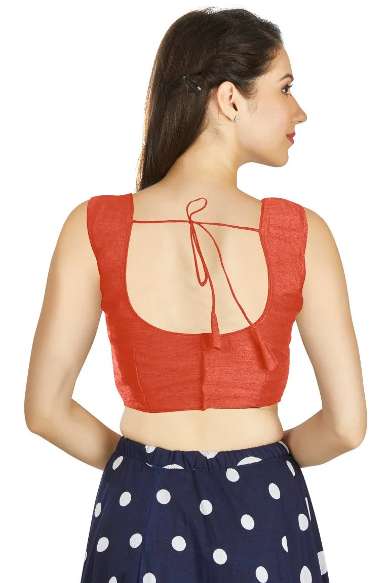 Aastha Fashion Orange Art Silk Pleated Boat Neck Plain Readymade Blouse