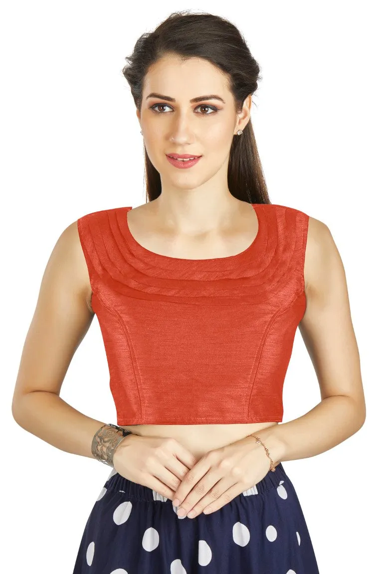 Aastha Fashion Orange Art Silk Pleated Boat Neck Plain Readymade Blouse