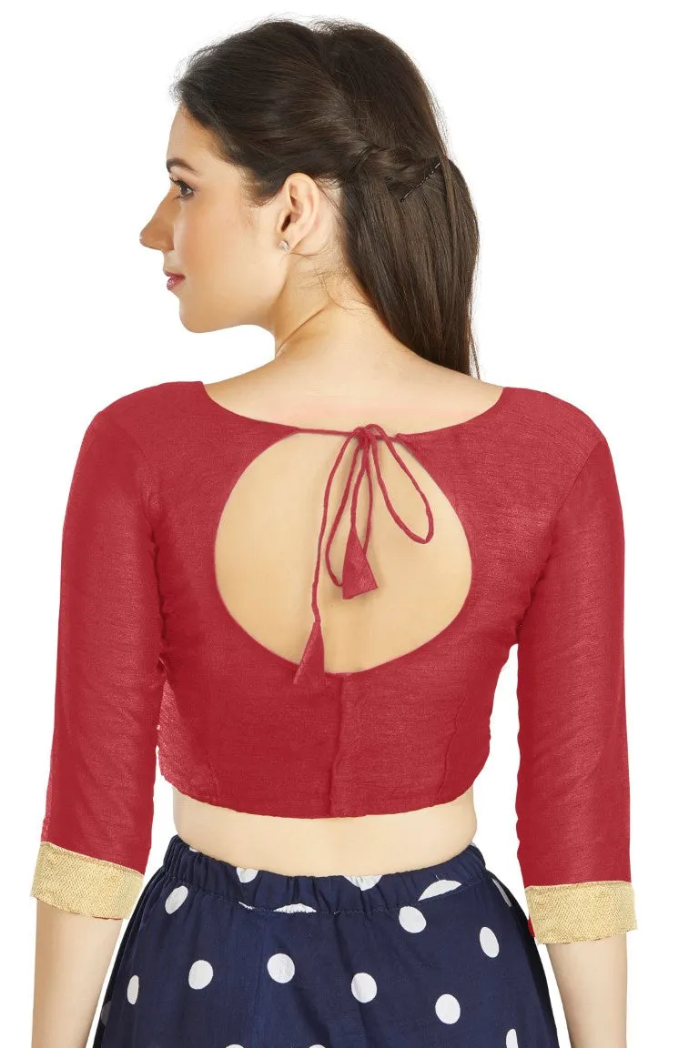 Aastha Fashion Red Art silk U Neck Matty Work In Sleeve Readymade Blouse