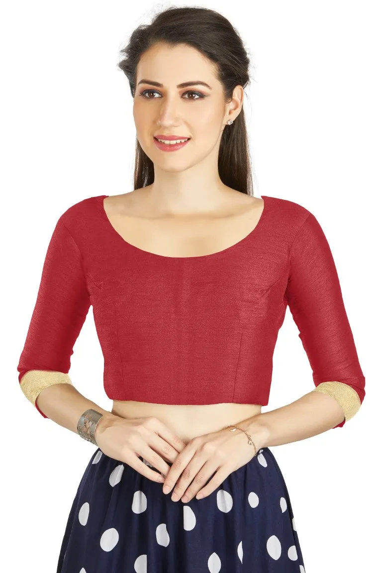 Aastha Fashion Red Art silk U Neck Matty Work In Sleeve Readymade Blouse