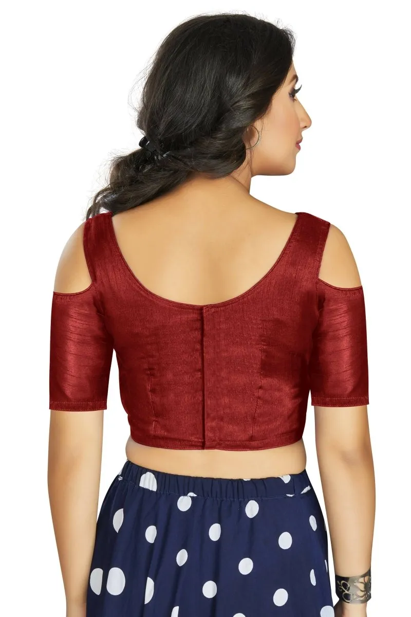 Aastha Fashion Women's Maroon Art Silk Cold Shoulder Sleeve Readymade Blouse