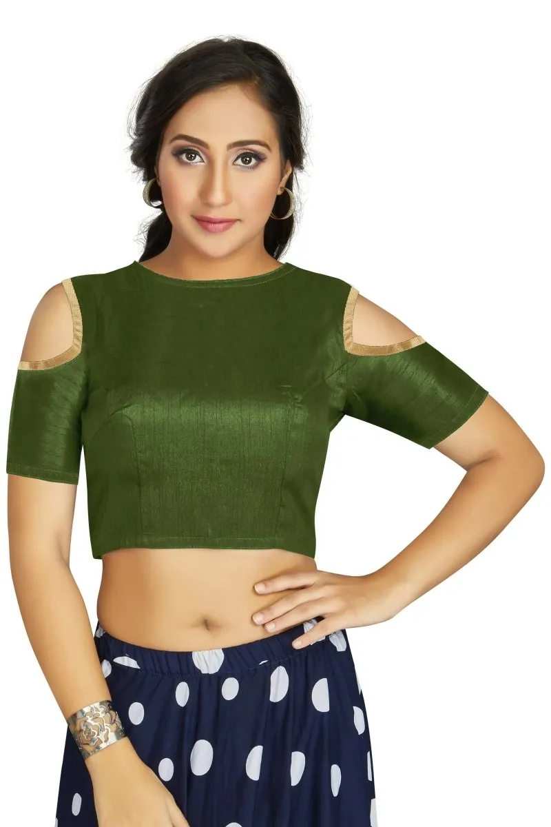 Aastha Fashion Women's Mehendi Art Silk Cold Shoulder Sleeve Readymade Blouse