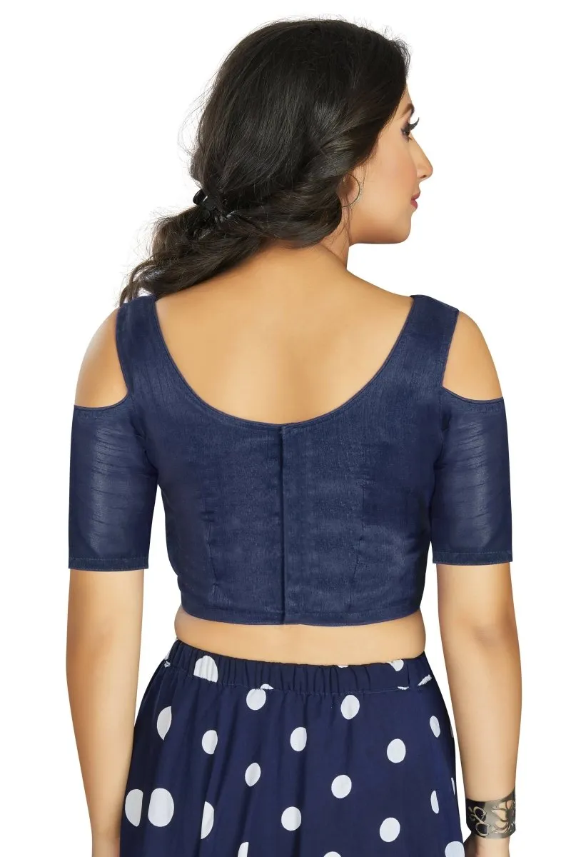 Aastha Fashion Women's Navy Blue Art Silk Cold Shoulder Sleeve Readymade Blouse