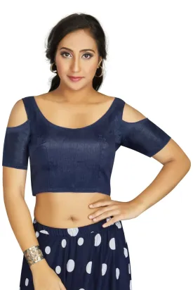 Aastha Fashion Women's Navy Blue Art Silk Cold Shoulder Sleeve Readymade Blouse