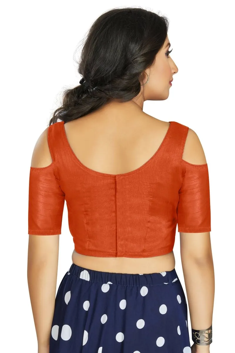 Aastha Fashion Women's Orange Art Silk Cold Shoulder Sleeve Readymade Blouse