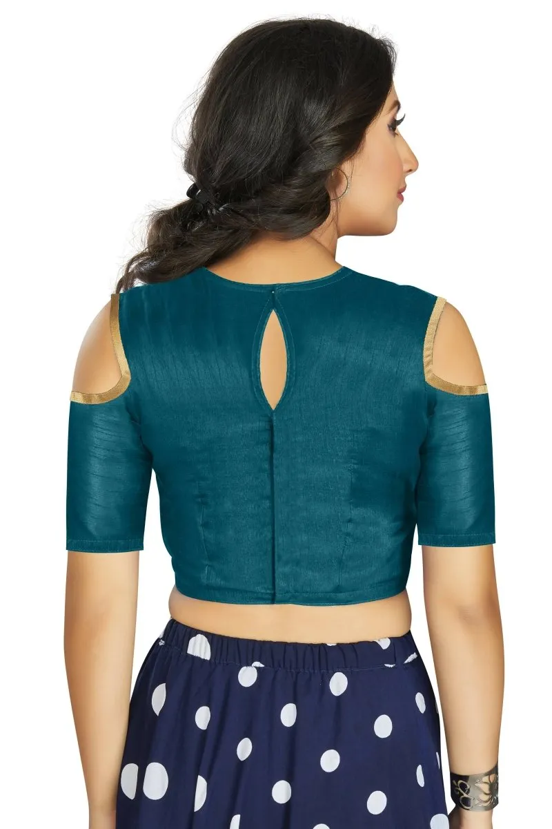Aastha Fashion Women's Teal Art Silk Cold Shoulder Sleeve Readymade Blouse