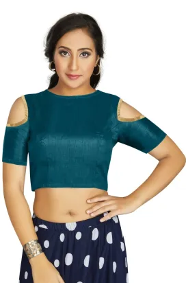 Aastha Fashion Women's Teal Art Silk Cold Shoulder Sleeve Readymade Blouse
