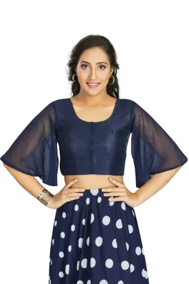 Aastha Fashion Women's Women's Navy Blue Art Silk Umbrella Sleeves Readymade Blouse