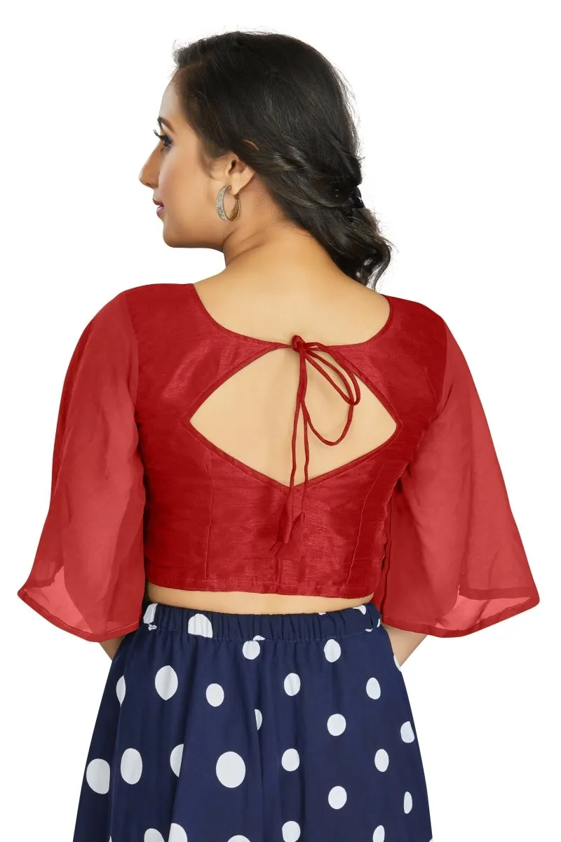 Aastha Fashion Women's Women's Red Art Silk Umbrella Sleeves Readymade Blouse
