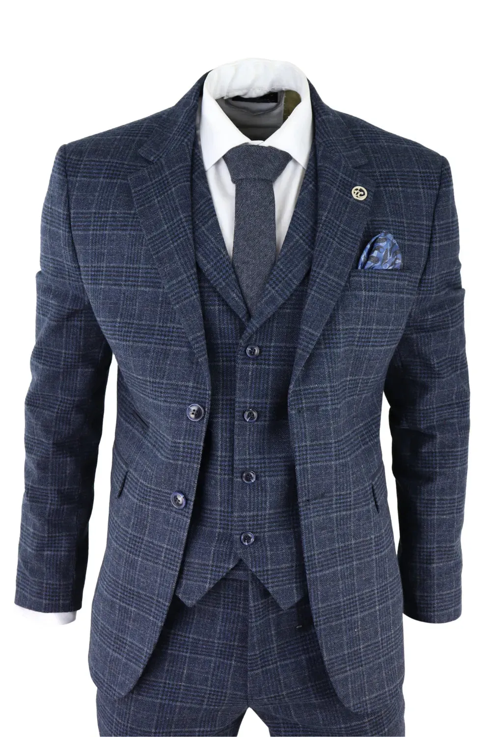 AK-13 - Men's Tweed 3 Piece Suit Blue Check 1920s Gatsby Blinders