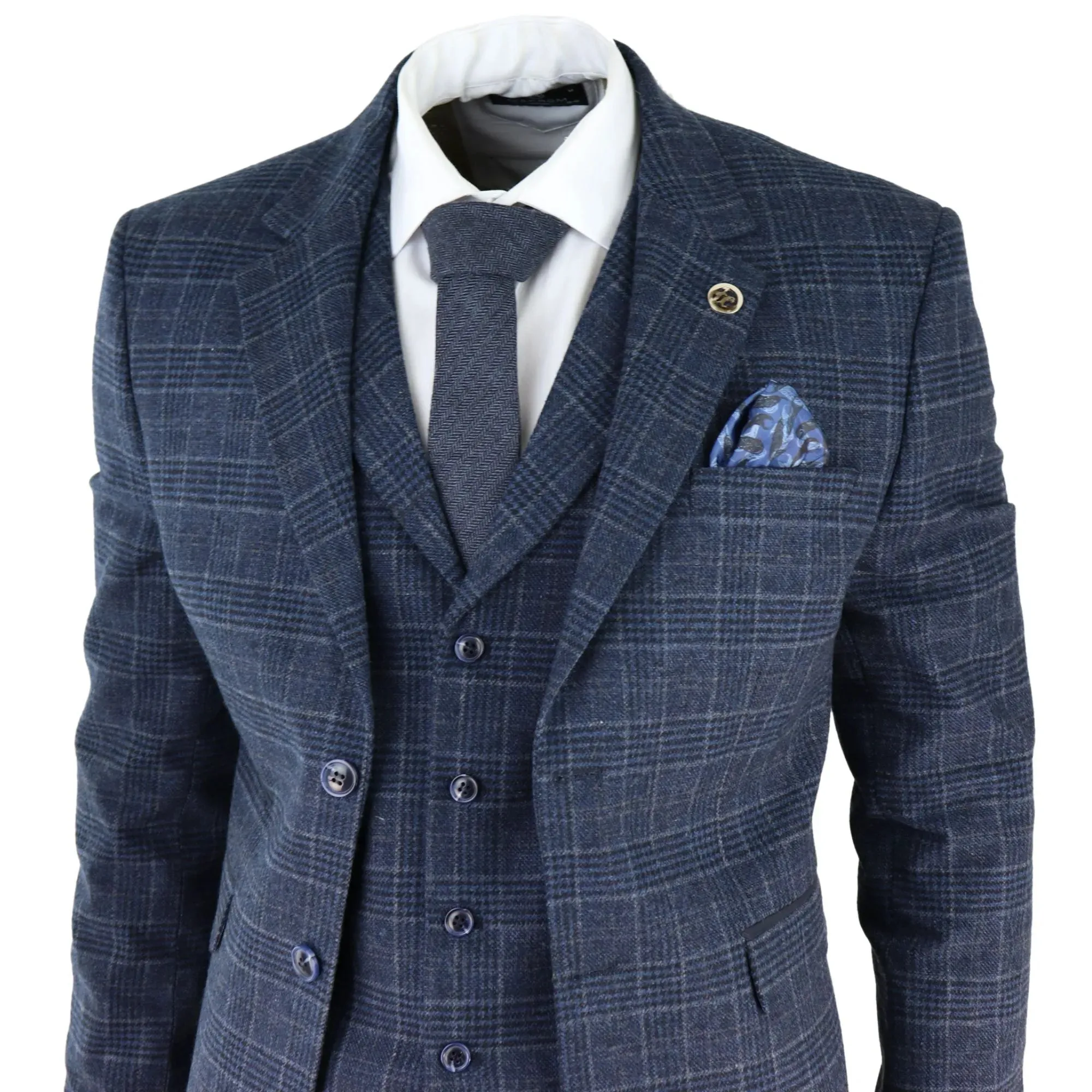 AK-13 - Men's Tweed 3 Piece Suit Blue Check 1920s Gatsby Blinders