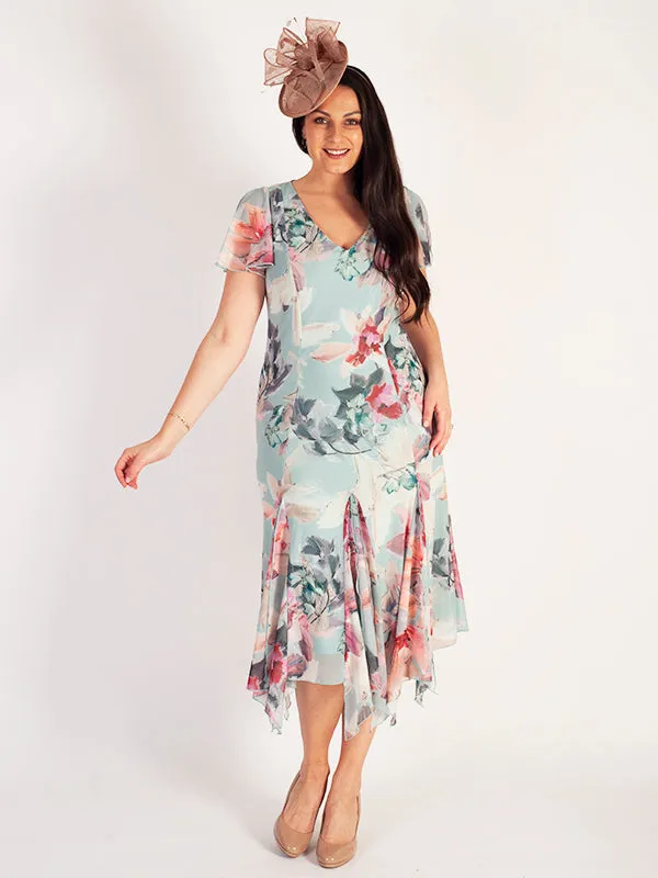 Aqua Floral Print Godet Trimmed Mesh Dress With Angel Sleeve
