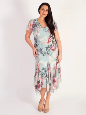 Aqua Floral Print Godet Trimmed Mesh Dress With Angel Sleeve