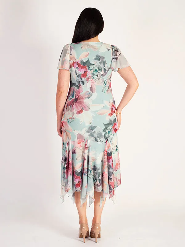 Aqua Floral Print Godet Trimmed Mesh Dress With Angel Sleeve