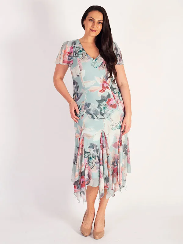 Aqua Floral Print Godet Trimmed Mesh Dress With Angel Sleeve