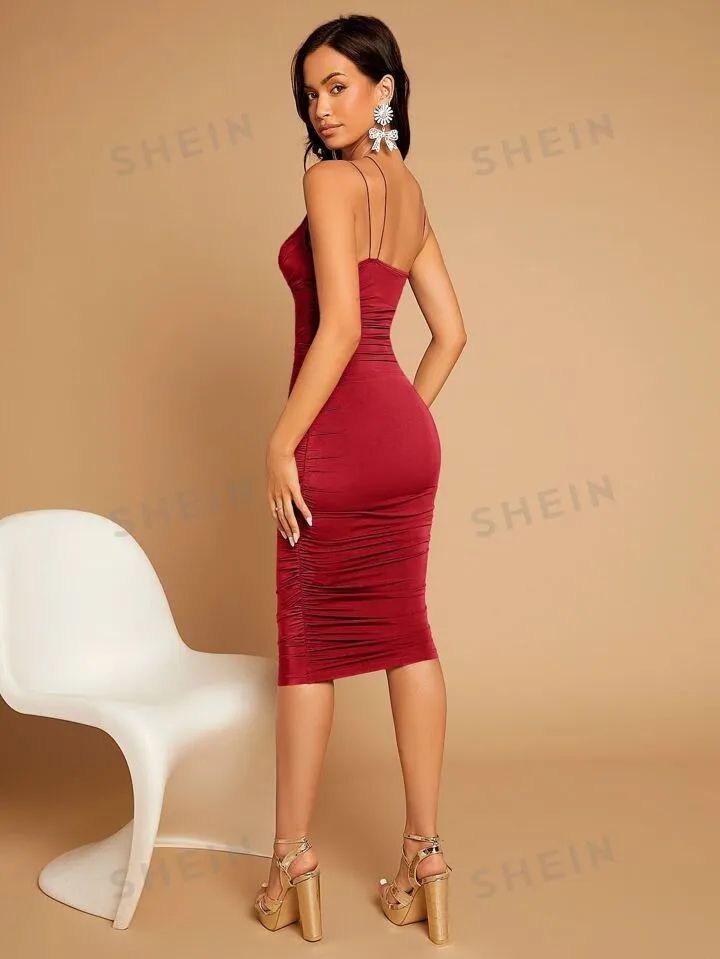 Asymmetrical neck draped front ruched bodycon dress in red