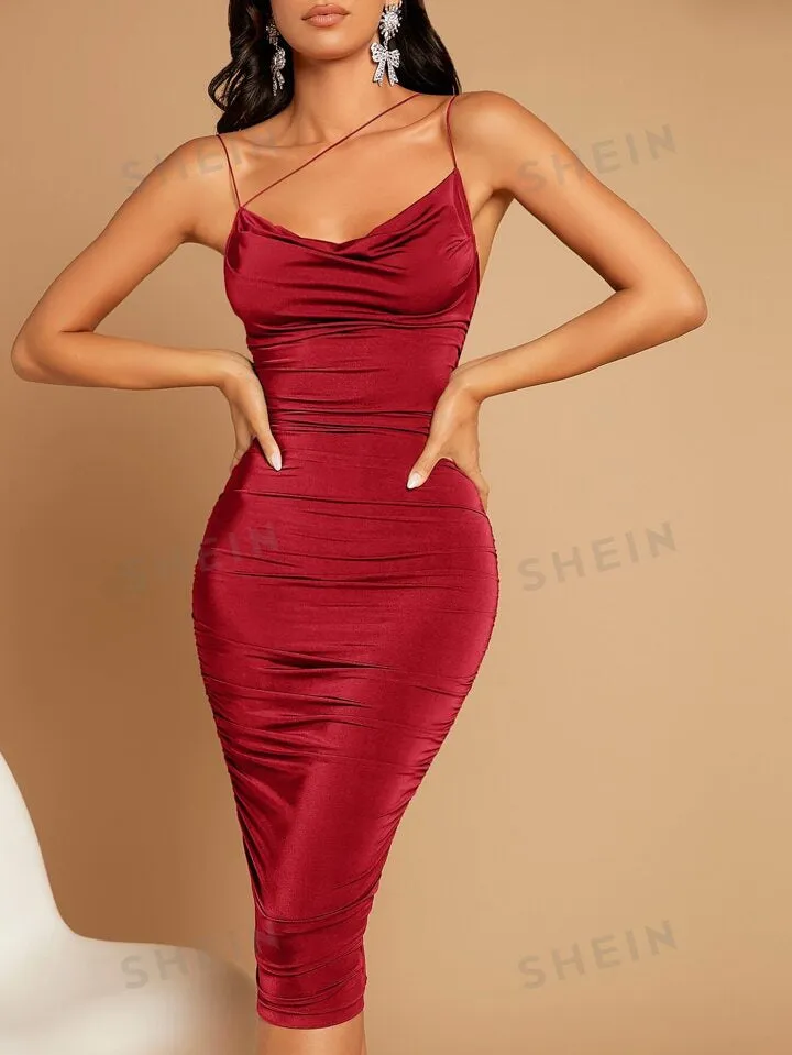 Asymmetrical neck draped front ruched bodycon dress in red