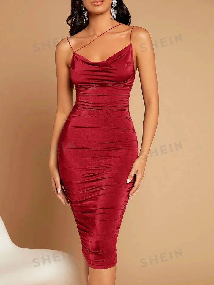 Asymmetrical neck draped front ruched bodycon dress in red