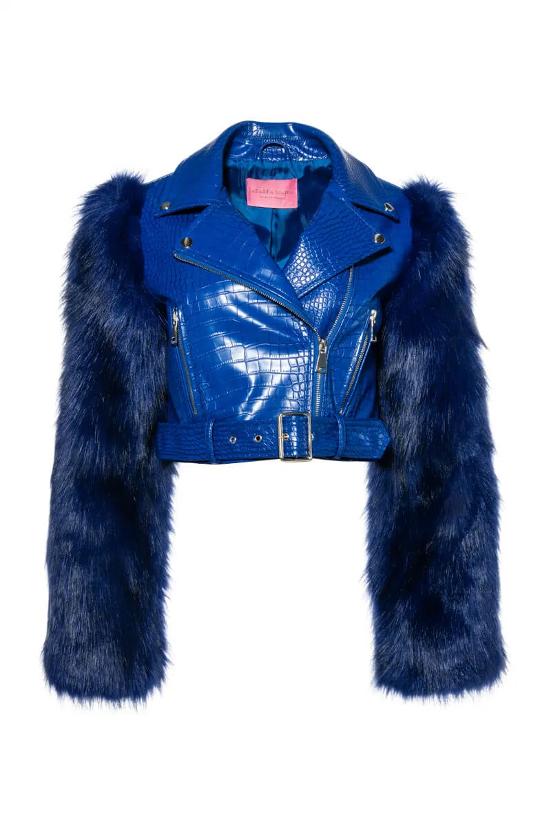 AZALEA WANG BLUE NOLLA FAUX FUR ARMS CROC MOTO JACKET