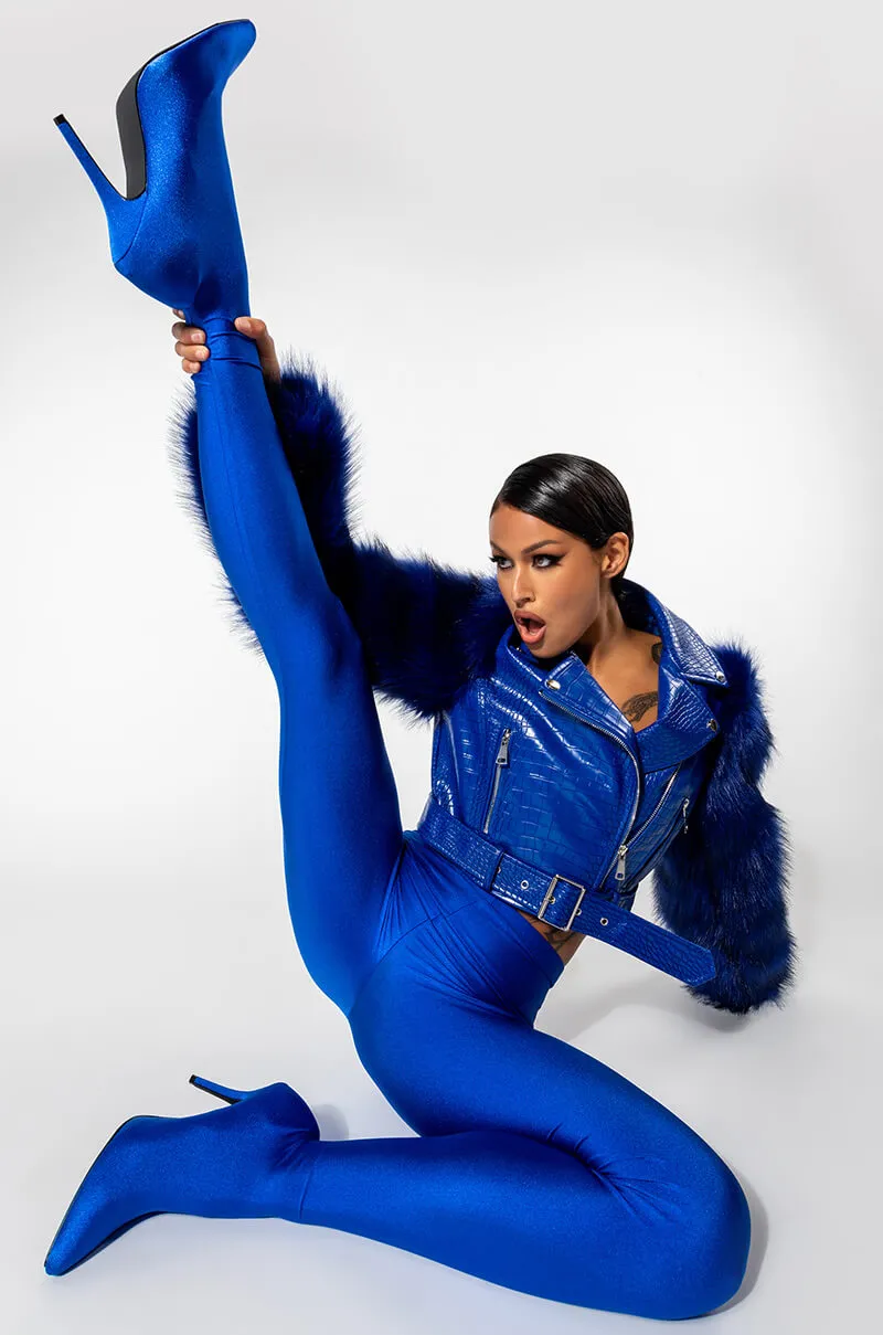 AZALEA WANG BLUE NOLLA FAUX FUR ARMS CROC MOTO JACKET