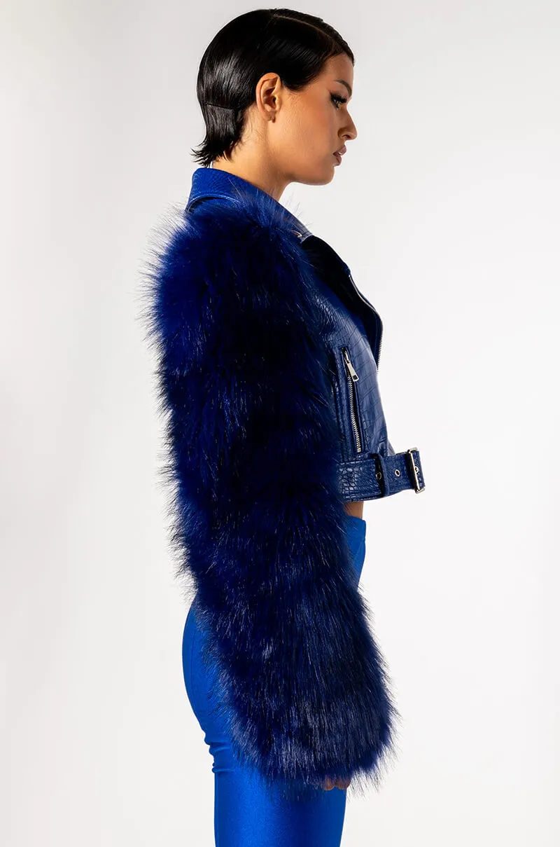 AZALEA WANG BLUE NOLLA FAUX FUR ARMS CROC MOTO JACKET
