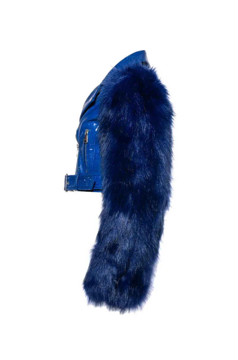 AZALEA WANG BLUE NOLLA FAUX FUR ARMS CROC MOTO JACKET