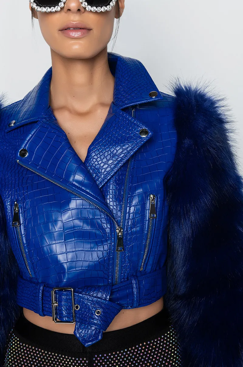 AZALEA WANG BLUE NOLLA FAUX FUR ARMS CROC MOTO JACKET