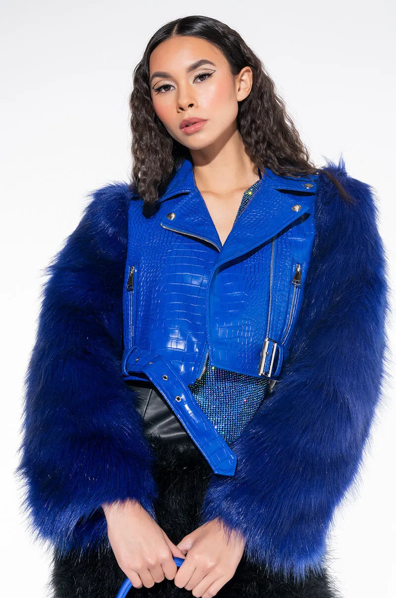 AZALEA WANG BLUE NOLLA FAUX FUR ARMS CROC MOTO JACKET