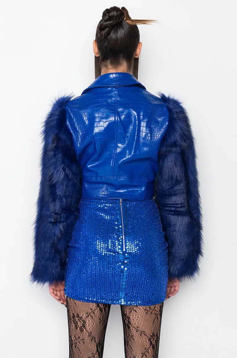 AZALEA WANG BLUE NOLLA FAUX FUR ARMS CROC MOTO JACKET